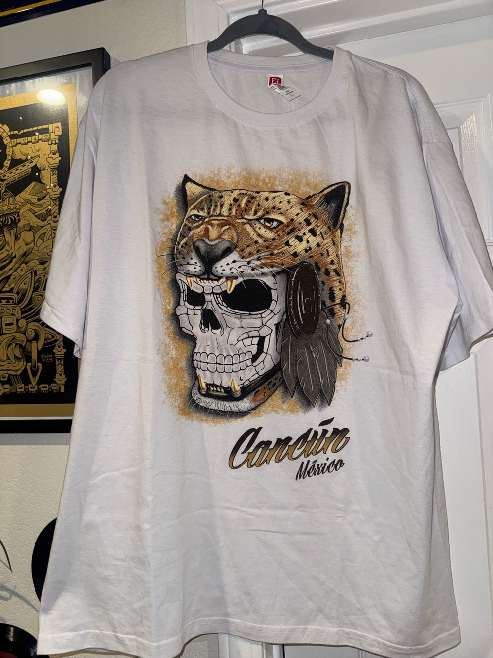 White Cancún Mexico Graphic Tee with Jaguar Aztec Skull Design
